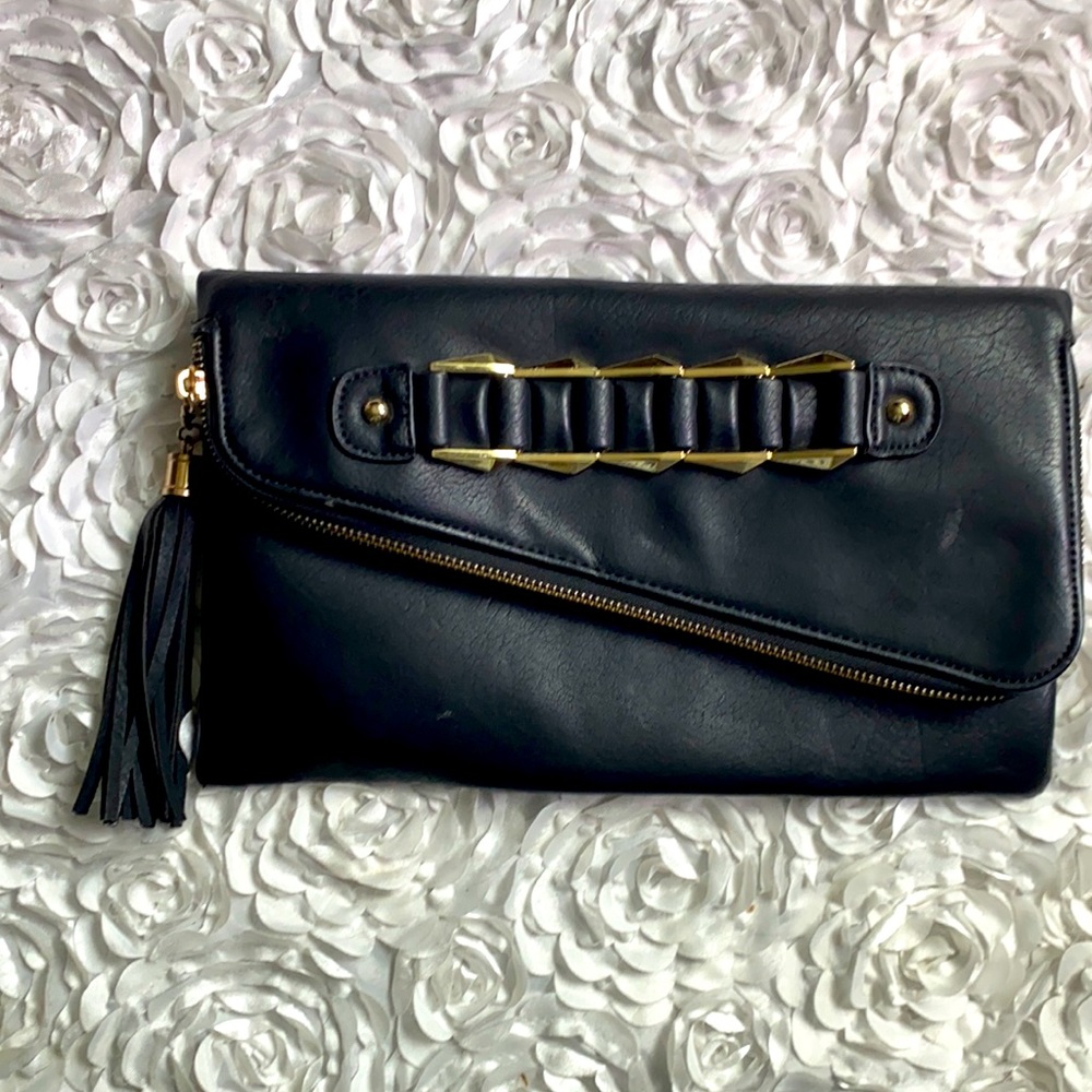 Black Vegan Leather Foldover Clutch Gold‎ Hardware Tassel Convertible Handbag